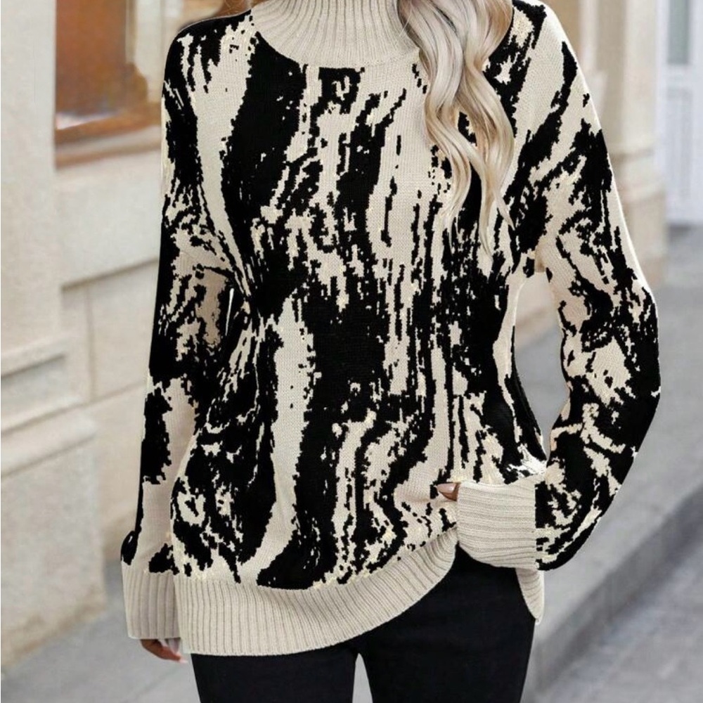 Graphic pattern mock neck knit women's Sweater (size L)
